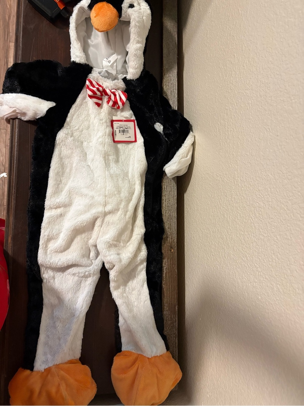 Kids Black & White Penguin Costume with Orange Feet and Red Bowtie